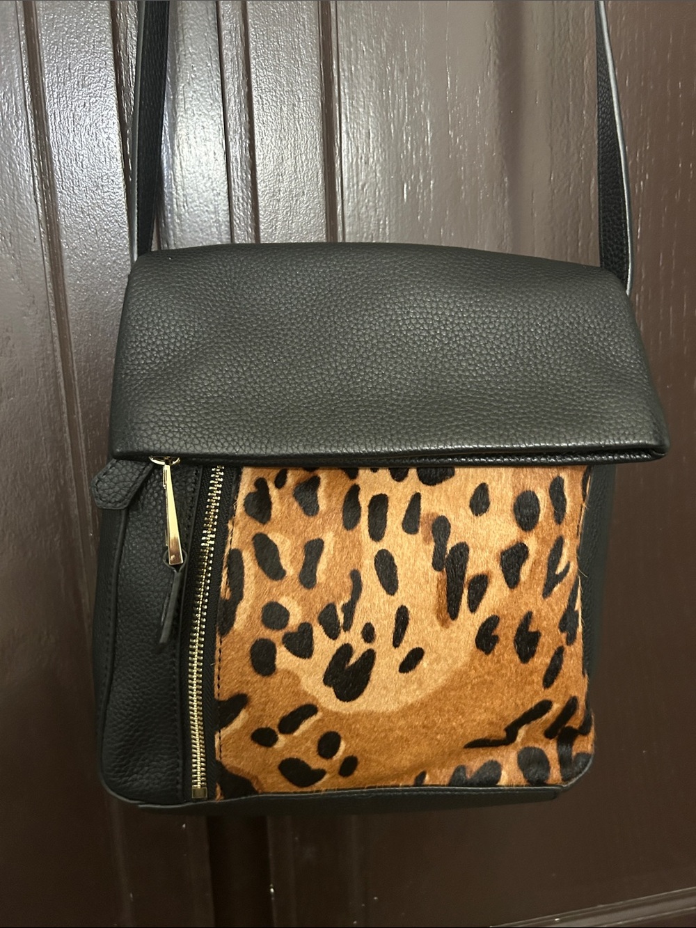 Vince Camuto Black Leather Crossbody Bag with Leopard Front Panel